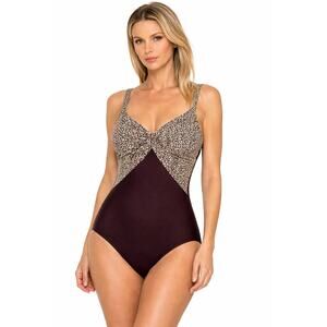 Miraclesuit Leopard Print Slimming One Piece Swimsuit Brown Womens Size 14 New